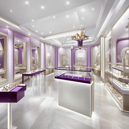 An elegant 25x10 feet jewellery shop designed in pristine white, shimmering gold, and subtle hints of royal purple.