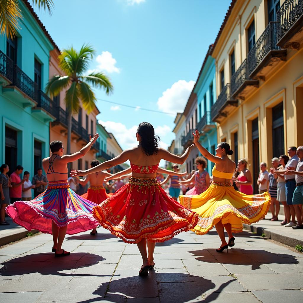 A vibrant scene of Cuban street dancers showcasing lively and energetic performances