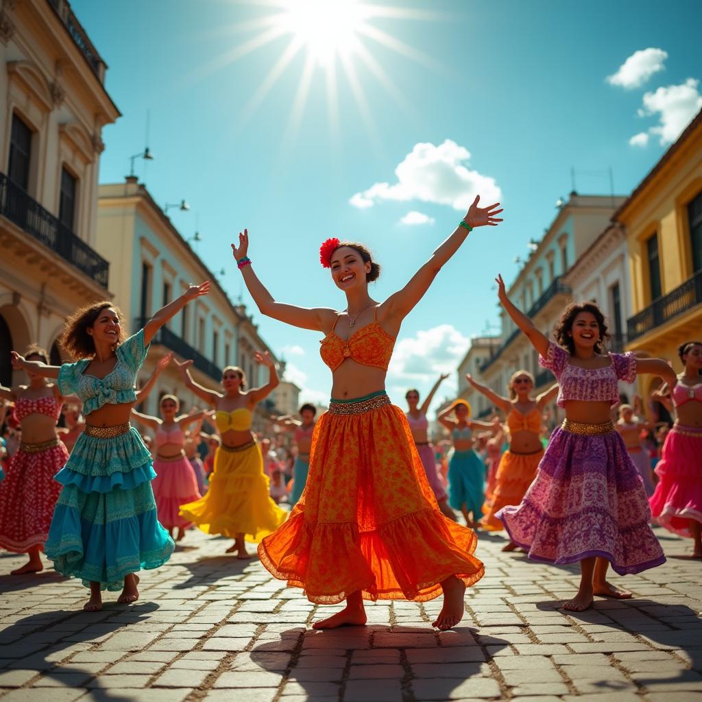 A vibrant scene of Cuban street dancers performing energetically in the heart of Havana