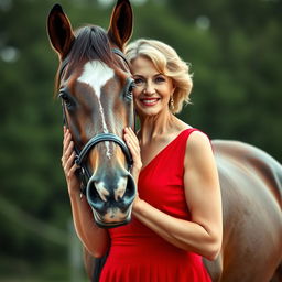 A beautiful 60-year-old woman in an elegant red dress stands facing the camera, her alluring expression featuring a provocative smile