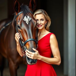 A beautiful 60-year-old woman in an elegant red dress stands facing the camera, her alluring expression featuring a provocative smile