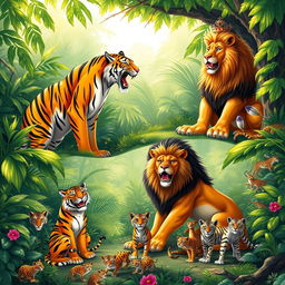 In a vibrant and lush jungle setting, a majestic tiger and a regal lion are depicted having a lively interaction