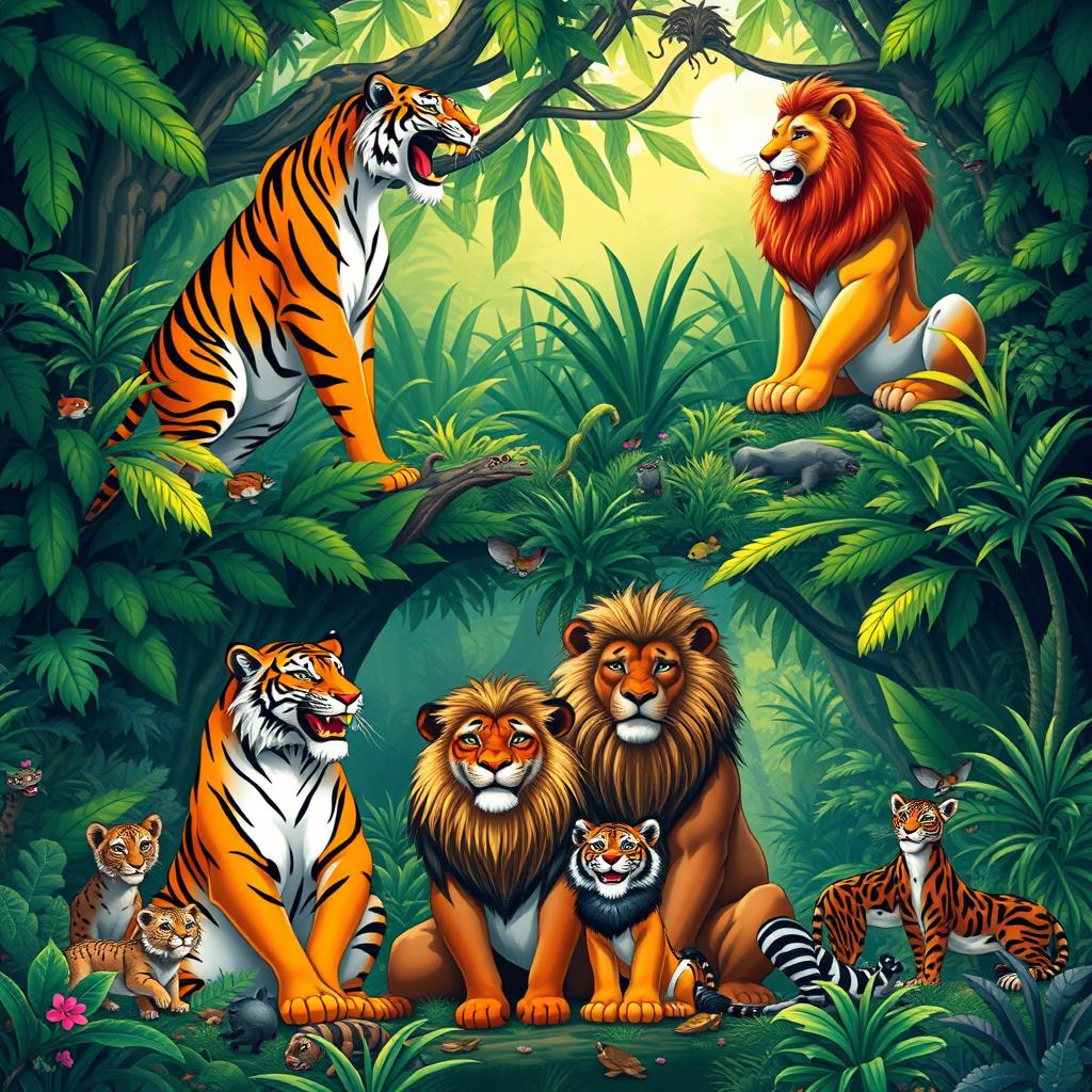 In a vibrant and lush jungle setting, a majestic tiger and a regal lion are depicted having a lively interaction