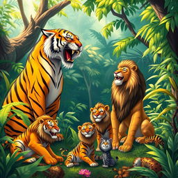 In a vibrant and lush jungle setting, a majestic tiger and a regal lion are depicted having a lively interaction
