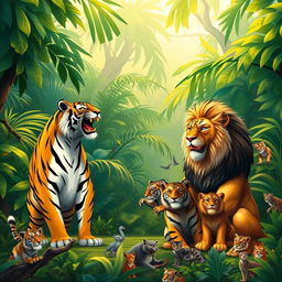 In a vibrant and lush jungle setting, a majestic tiger and a regal lion are depicted having a lively interaction