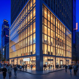 A modern building featuring a sleek, minimalistic design characterized by extensive glass and metal frames