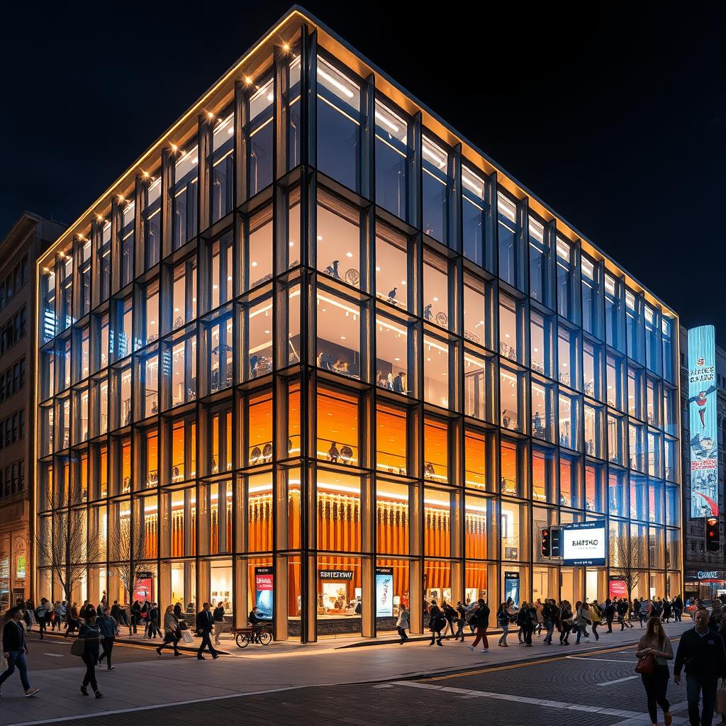 A modern building featuring a sleek, minimalistic design characterized by extensive glass and metal frames