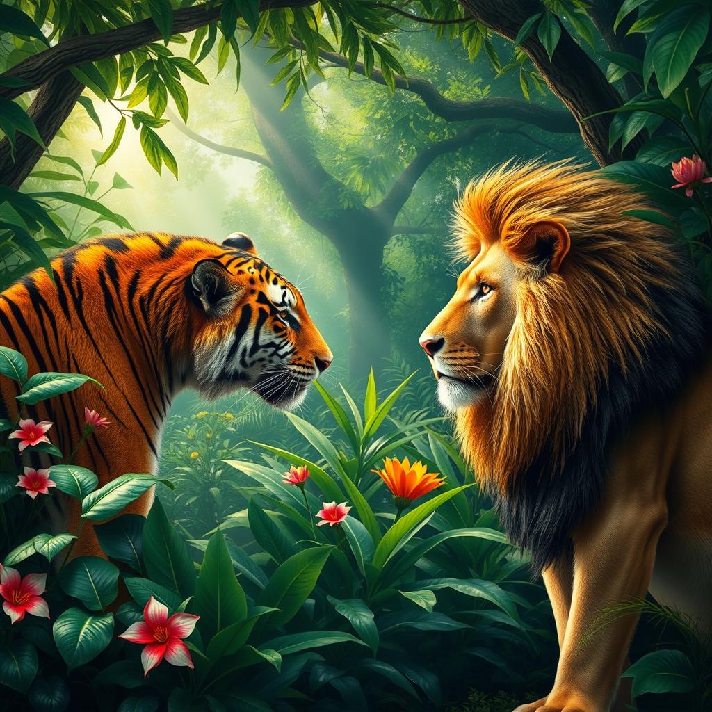 A majestic tiger and a powerful lion meeting in a dense, vibrant jungle setting