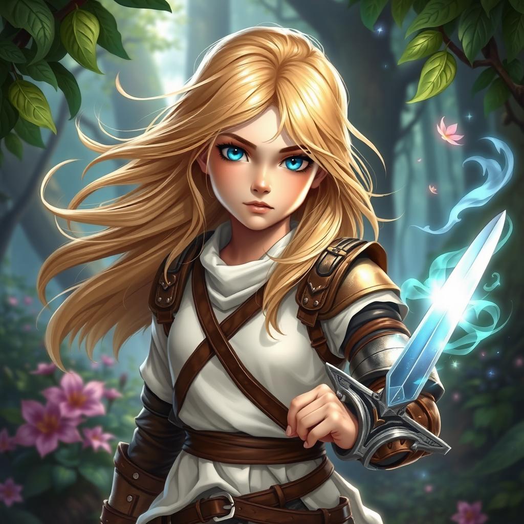 A young female human Dungeons and Dragons character with flowing blonde hair and bright blue eyes, embodying the essence of nature magic