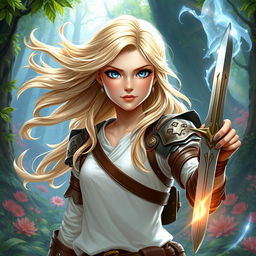 A young female human Dungeons and Dragons character with flowing blonde hair and bright blue eyes, embodying the essence of nature magic