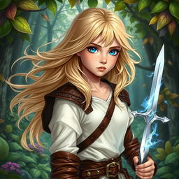 A young female human Dungeons and Dragons character with flowing blonde hair and bright blue eyes, embodying the essence of nature magic