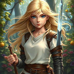 A young female human Dungeons and Dragons character with flowing blonde hair and bright blue eyes, embodying the essence of nature magic