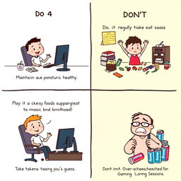 A short comic strip illustrating dos and don’ts while playing computer games