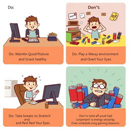A short comic strip illustrating dos and don’ts while playing computer games