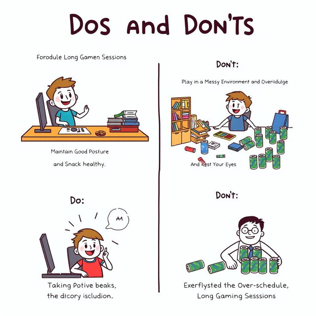 A short comic strip illustrating dos and don’ts while playing computer games