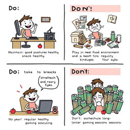 A short comic strip illustrating dos and don’ts while playing computer games