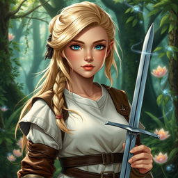 A young female human Dungeons and Dragons character, featuring elegantly styled blonde hair and captivating blue eyes