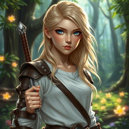 A young female human Dungeons and Dragons character, featuring elegantly styled blonde hair and captivating blue eyes