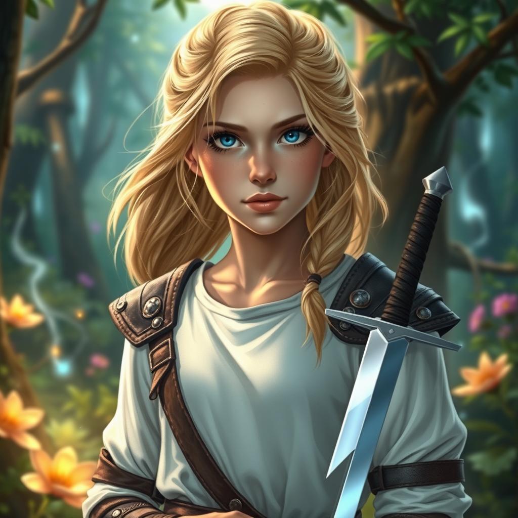 A young female human Dungeons and Dragons character, featuring elegantly styled blonde hair and captivating blue eyes