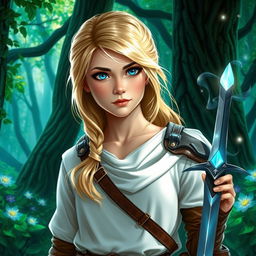 A young female human Dungeons and Dragons character, featuring elegantly styled blonde hair and captivating blue eyes