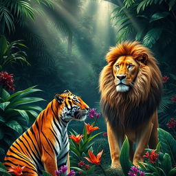 A majestic tiger and a powerful lion meeting in a lush jungle