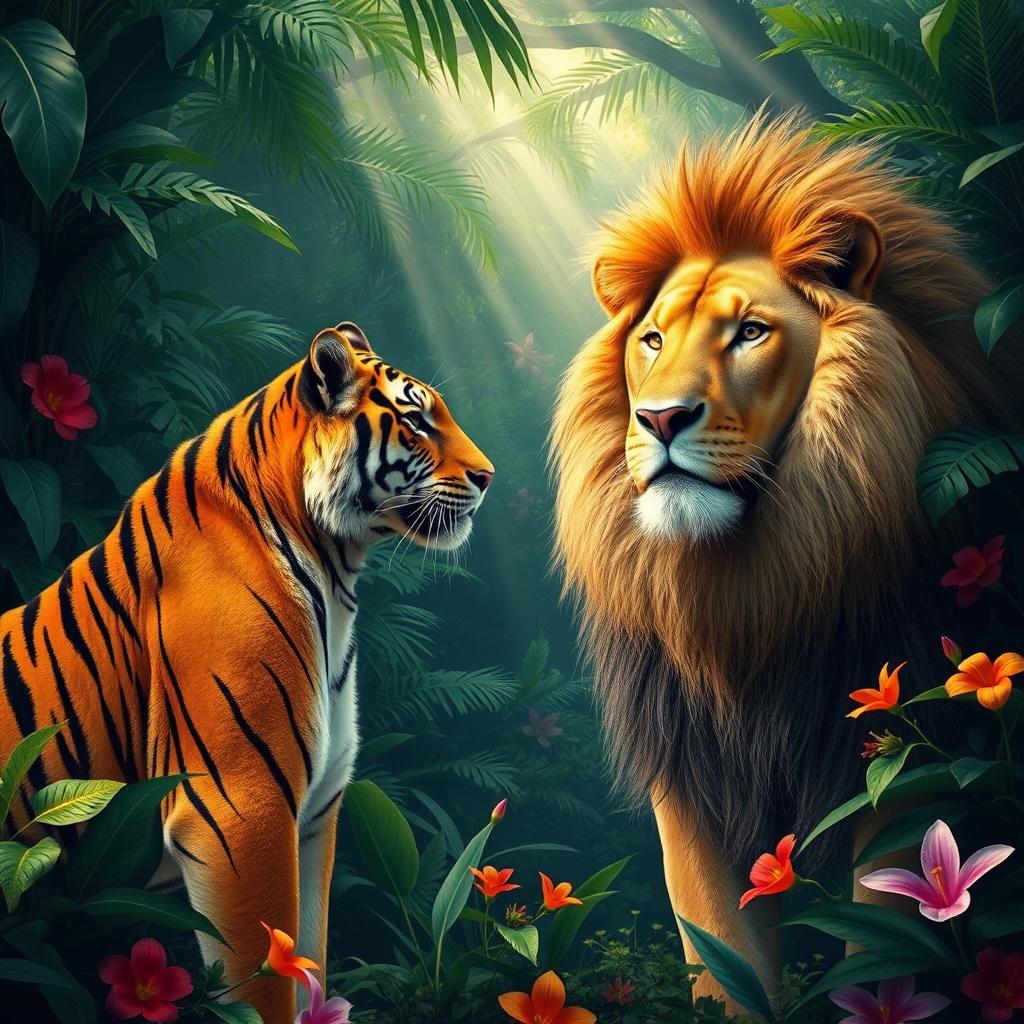 A majestic tiger and a powerful lion meeting in a lush jungle