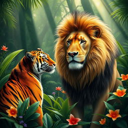 A majestic tiger and a powerful lion meeting in a lush jungle