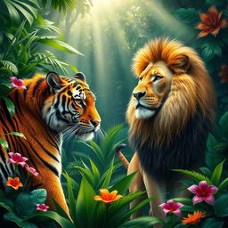 A majestic tiger and a powerful lion meeting in a lush jungle