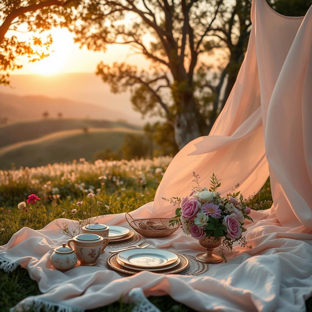 A dreamy aesthetic scene featuring soft pastel colors, flowing fabrics, and tranquil natural elements
