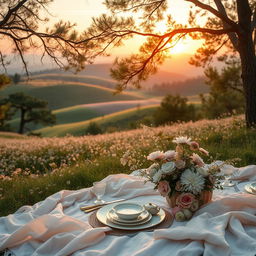 A dreamy aesthetic scene featuring soft pastel colors, flowing fabrics, and tranquil natural elements