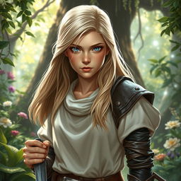 A young female human Dungeons and Dragons character with beautiful blonde hair cascading down her shoulders and bright blue eyes that sparkle with determination