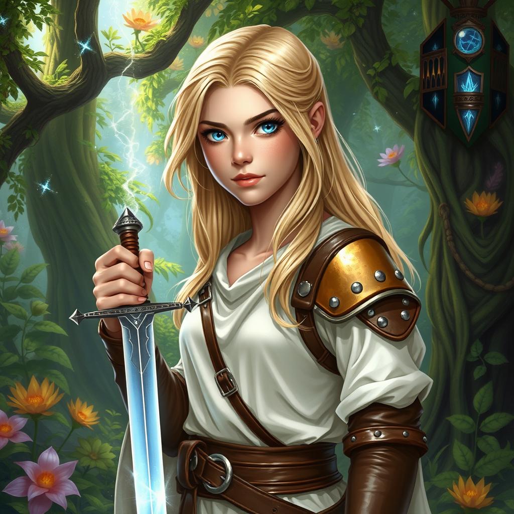 A young female human Dungeons and Dragons character with beautiful blonde hair cascading down her shoulders and bright blue eyes that sparkle with determination