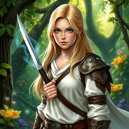 A young female human Dungeons and Dragons character with beautiful blonde hair cascading down her shoulders and bright blue eyes that sparkle with determination