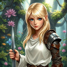 A young female human Dungeons and Dragons character with beautiful blonde hair cascading down her shoulders and bright blue eyes that sparkle with determination