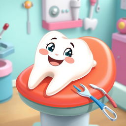 A cheerful cartoon tooth with a big smile, lying down comfortably on a bright, colorful rubber dam