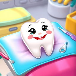 A cheerful cartoon tooth with a big smile, lying down comfortably on a bright, colorful rubber dam