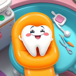 A cheerful cartoon tooth with a big smile, lying down comfortably on a bright, colorful rubber dam