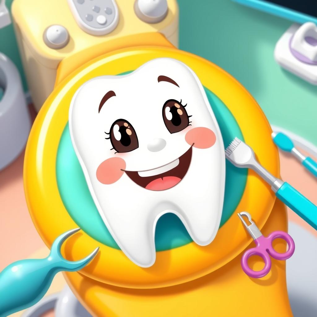 A cheerful cartoon tooth with a big smile, lying down comfortably on a bright, colorful rubber dam