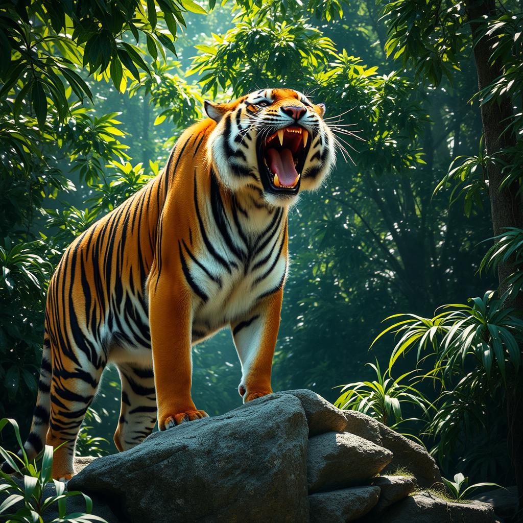 A majestic tiger in a dense jungle, standing atop a rocky outcrop, its mouth open in a powerful roar, showcasing its fierce strength and asserting its dominance as the king of the jungle