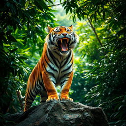 A majestic tiger in a dense jungle, standing atop a rocky outcrop, its mouth open in a powerful roar, showcasing its fierce strength and asserting its dominance as the king of the jungle