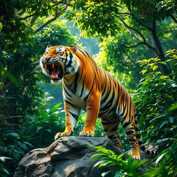 A majestic tiger in a dense jungle, standing atop a rocky outcrop, its mouth open in a powerful roar, showcasing its fierce strength and asserting its dominance as the king of the jungle