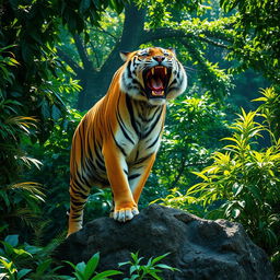 A majestic tiger in a dense jungle, standing atop a rocky outcrop, its mouth open in a powerful roar, showcasing its fierce strength and asserting its dominance as the king of the jungle