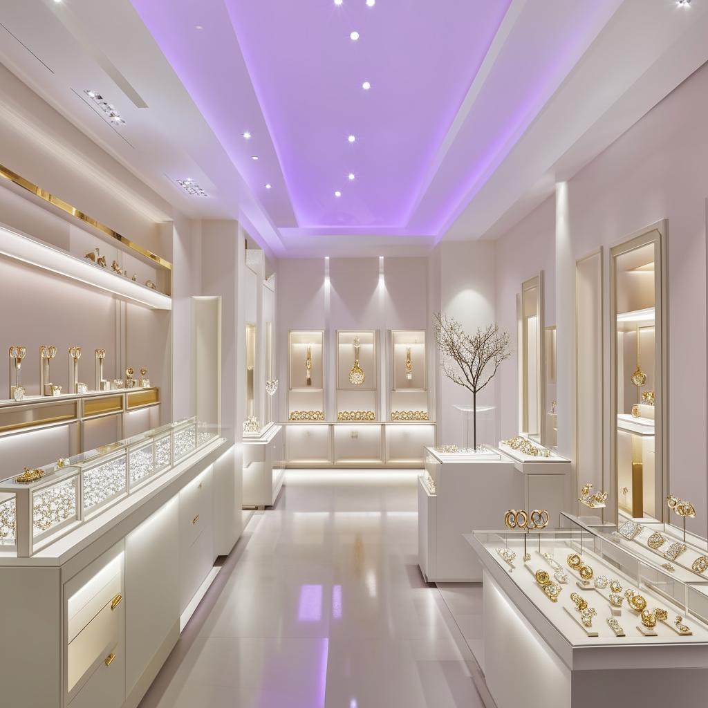 An elegant 25x10 feet jewellery shop designed in pristine white, shimmering gold, and subtle hints of royal purple.