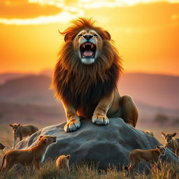 A majestic lion sitting proudly on a large rock, its mane flowing in the breeze