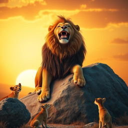 A majestic lion sitting proudly on a large rock, its mane flowing in the breeze