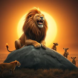 A majestic lion sitting proudly on a large rock, its mane flowing in the breeze