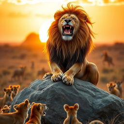 A majestic lion sitting proudly on a large rock, its mane flowing in the breeze