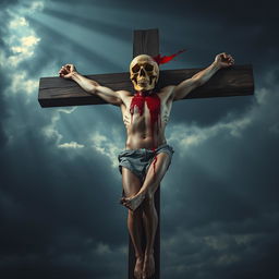 A striking and surreal depiction of a man on a wooden cross, his body positioned dramatically in a crucified pose