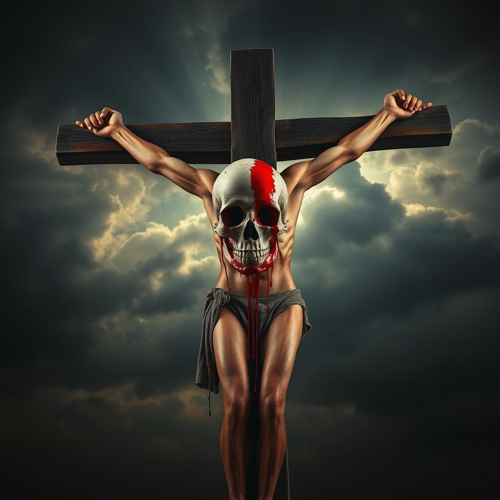 A striking and surreal depiction of a man on a wooden cross, his body positioned dramatically in a crucified pose