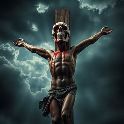 A striking and surreal depiction of a man on a wooden cross, his body positioned dramatically in a crucified pose